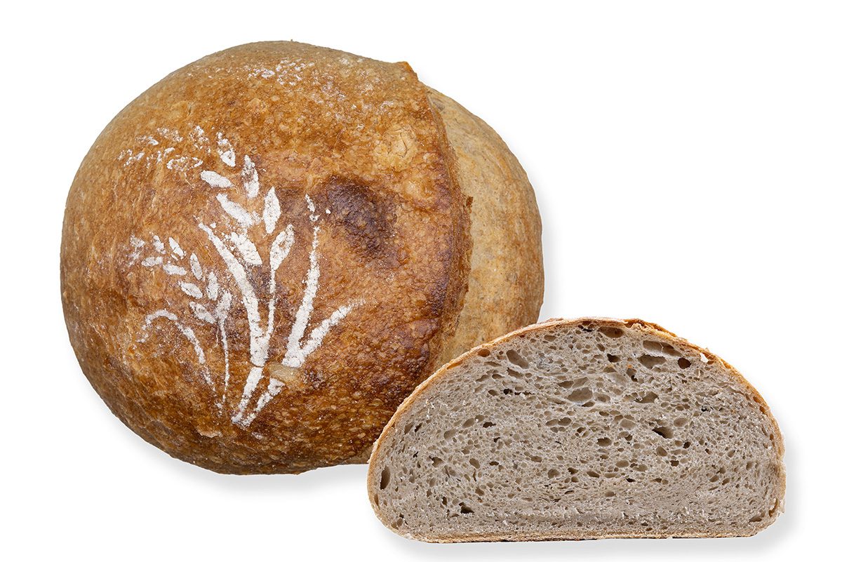 Krusto aus Bioland-Mehl als rustikaler Brotlaib mit knuspriger Kruste und Anschnitt – Bio Bäckerei Berger